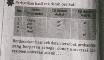 Perhatikan hasil cek darah berikut! Nama No Uji Serum Probandus Anti-A UJI Serum Anti-B 1. 2 3. Diana Asti Fitri Meri Berdasarkan hasil cek darah tersebut probandus yang berperan sebagai donor universal dan resipien universal adalah .... 
Diana dan Asti Fitri dan Diana Asti dan Fitri d Asti dan Meri Meri dan Asti 