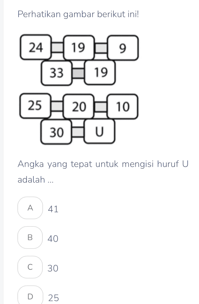 Perhatikan gambar berikut ini! 24 19 9 33 19 25 20 10 30 HU Angka yang tepat untuk mengisi huruf U adalah ... A 41 B 40 U 30 D 25 