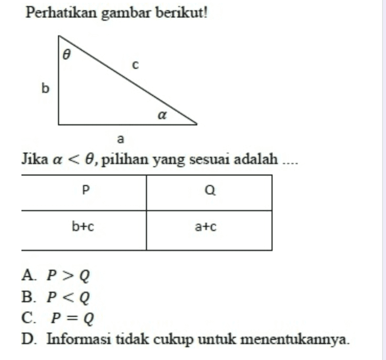 Perhatikan gambar berikut! 0 С b a a Jika a < 0, pilihan yang sesuai adalah .... Р Q b+c a+c A. P>Q B. PQ C. P = Q D. Informasi tidak cukup untuk menentukannya. 