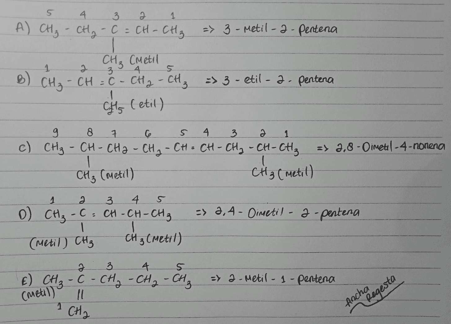 S 4. 3 A) CH₂ - CH₂ C = CH - CH₂ => 3 - Metil - 2 - Pentena 1 3 5 CH₃ Cmetil 4. CH₃ - CH = C- CH2 - CH₂ 3 - etil-a-pentena 1 CH's (etil) 8 1 s 4 3 ә 1 9 c) CH₂ - CH-CH2 - CH₂ -CH=CH-CH₂ - CH- H-CH₂ => 2,8-Oimetil-4-nonena 1 CH₃Cmetil) CH₂ (metil) a 3 4 5 => 8,4- Dimetil - 2 - pentena O) C, -C=CH-CH-CH₂ (Metil) CH₂ CH3Cmetil) a 3 4 5 E) CH₂ -C- CH₂ - CH₂ - CH₂ => a-metil-1-pentena Cmetil) 1 CHA 