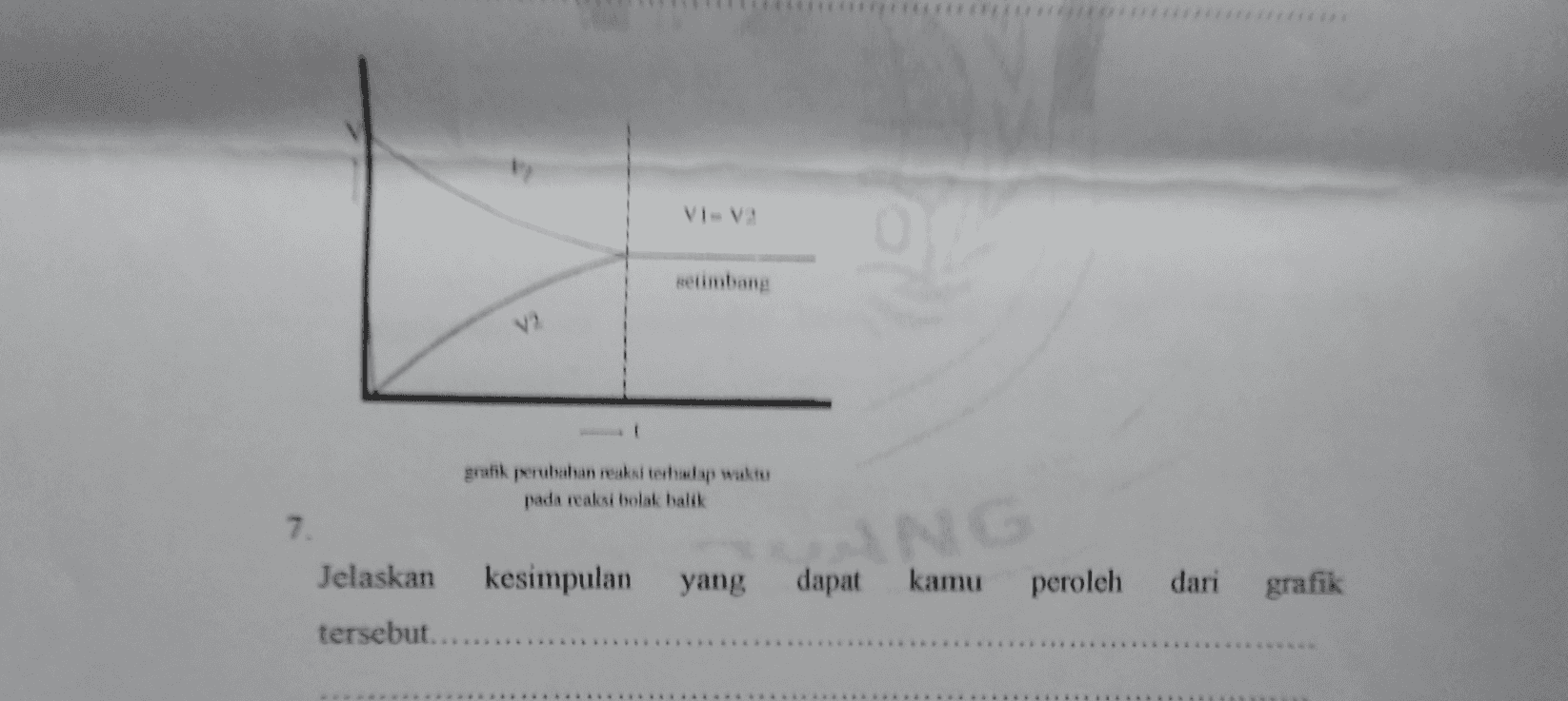 VI-V setimbang V2 1 grafik perubahan reaksi terhadap waktu pada reaksi bolak balik 7. Jelaskan ANG kesimpulan yang dapat kamu peroleh dari grafik tersebut... 