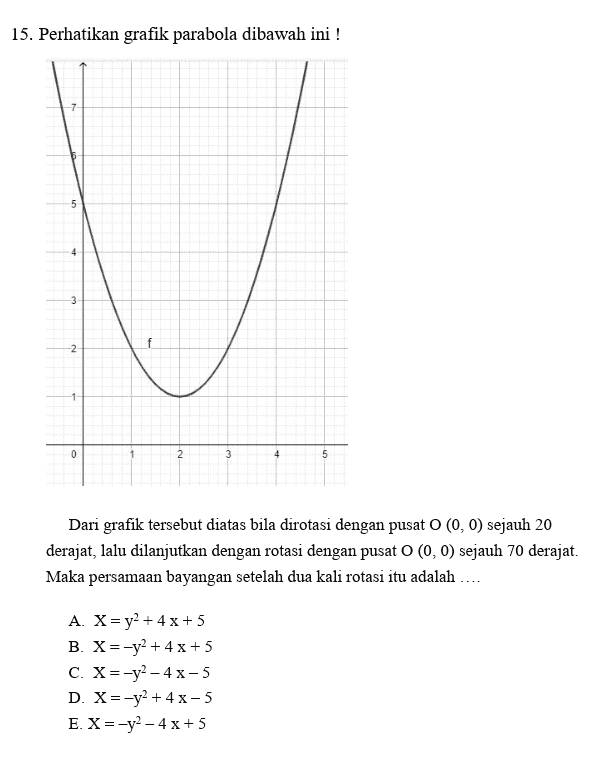 15. Perhatikan grafik parabola dibawah ini ! 5 3 -2 0 2 3 4 5 Dari grafik tersebut diatas bila dirotasi dengan pusat 0 (0, ) sejauh 20 derajat, lalu dilanjutkan dengan rotasi dengan pusat 0 (0,0) sejauh 70 derajat. Maka persamaan bayangan setelah dua kali rotasi itu adalah .... A. X = y2 + 4x + 5 B. X=-y2 + 4x + 5 C. X = -y2 - 4x-5 D. X=-y2 + 4x-5 E. X = -y2 - 4x + 5 