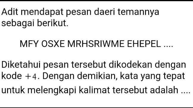 Adit mendapat pesan daeri temannya sebagai berikut. MFY OSXE MRHSRIWME EHEPEL .... Diketahui pesan tersebut dikodekan dengan kode +4. Dengan demikian, kata yang tepat untuk melengkapi kalimat tersebut adalah .... 