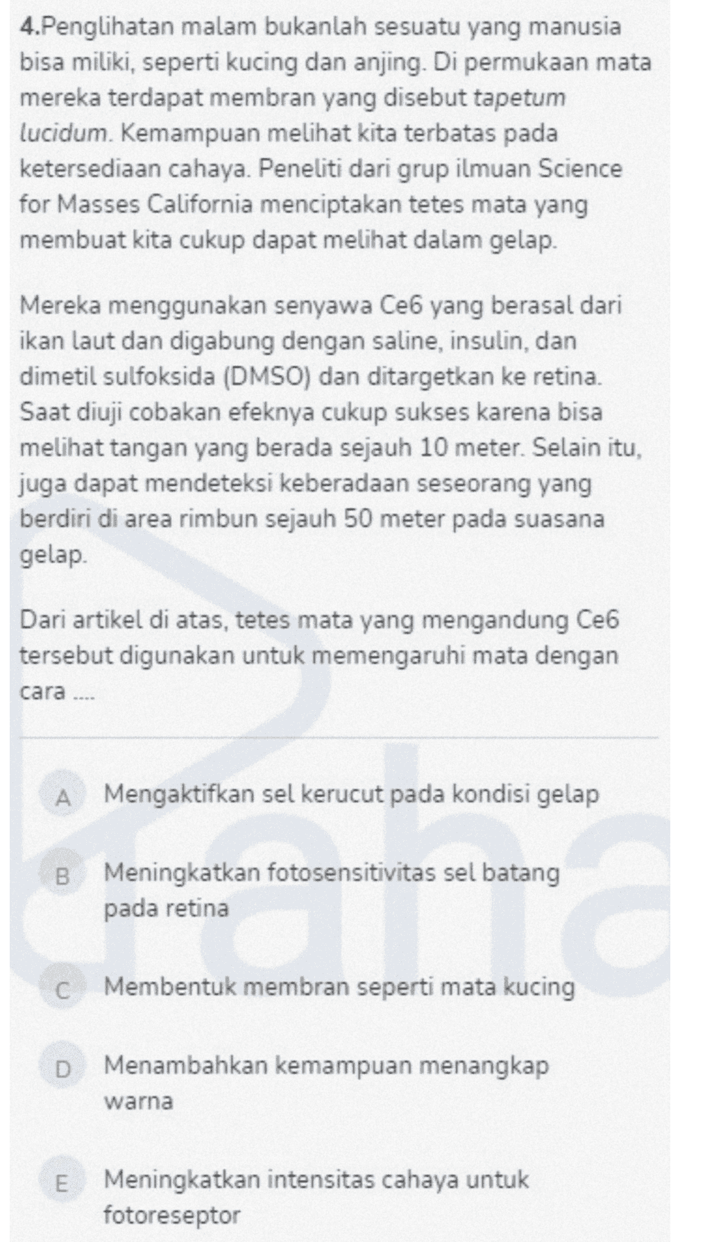 4.Penglihatan malam bukanlah sesuatu yang manusia bisa miliki, seperti kucing dan anjing. Di permukaan mata mereka terdapat membran yang disebut tapetum lucidum. Kemampuan melihat kita terbatas pada ketersediaan cahaya. Peneliti dari grup ilmuan Science for Masses California menciptakan tetes mata yang membuat kita cukup dapat melihat dalam gelap. Mereka menggunakan senyawa Ce6 yang berasal dari ikan laut dan digabung dengan saline, insulin, dan dimetil sulfoksida (DMSO) dan ditargetkan ke retina. Saat diuji cobakan efeknya cukup sukses karena bisa melihat tangan yang berada sejauh 10 meter. Selain itu, juga dapat mendeteksi keberadaan seseorang yang berdiri di area rimbun sejauh 50 meter pada suasana gelap Dari artikel di atas, tetes mata yang mengandung Ce6 tersebut digunakan untuk memengaruhi mata dengan cara A Mengaktifkan sel kerucut pada kondisi gelap B Meningkatkan fotosensitivitas sel batang pada retina Membentuk membran seperti mata kucing Menambahkan kemampuan menangkap warna E Meningkatkan intensitas cahaya untuk fotoreseptor 
