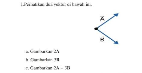 1.Perhatikan dua vektor di bawah ini. A А B a. Gambarkan 2A b. Gambarkan 3B c. Gambarkan 2A + 3B 