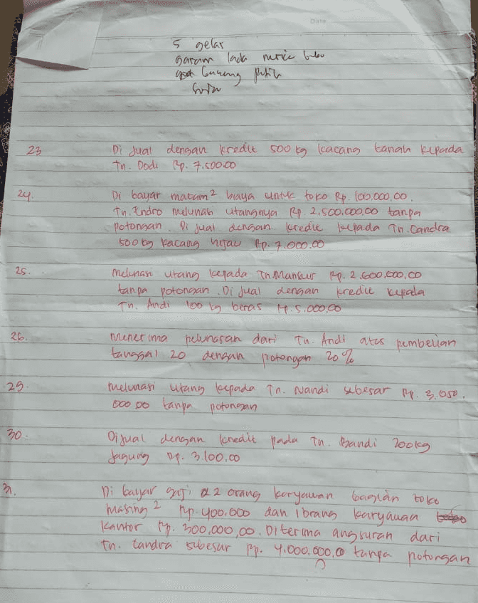 5 gelar Garam lada moic below good onning petir (р, 23 Di jual dengan kredit soo kg kacang tanah kepada to. Dodi 19.7.500.00 24. Di bayar matam? biaya untuk toko Rp. 100.000,00 th. Endro melunas utangnya Rp 2.500.000,00 tanpa potongan Dijual dengan kredit kepada To Candra 1500 bing batang hijau Rp.7.000.00 25 26 melunasi utang kepada Tn Manau Rp. 2.600.0oo.co tanpa potongan Dijual dengan kredit kepala Th. Andi 100 kg beras 4.5.000.00 menerima pewnaran dari Th. Andi atas pembelian tanggal 20 dengan potongan 20% % helunasi utang kepada Tn. Nandi sebesar Rp. 3.050. 000 0o tanga potongan Dijual dengan kredit pada Th. Bandi Lookg Jagung Rp. 3.100.00 29 30 2 Di bayar gaji 22 orang karyawan bagian toko masing pp. 400.000 dan i brans karyawan talo Kantor rp.200.000,00 Diterima angsuran dari the tandra sebesar Rp. 4.000.000,00 tanga potongan 
g Di beli dengan kredit dari tn. Iman. 100 kg beras Rp. 3.000,00 dan di beli tunai dari In Nandi 100 kg Karang hijau Rp. 6.400.00 Di jual tunai kepada th. Endro looks kacang tanan Rp. 7500.00. to. Candra melunasi atangnya Rp 8.000.000 oo dengan potongan 2% Di jual dengan loredut kepada tu. Bandi 250kg Jagung Rp. 3.000.00. Di bayar pelunasan utang bepada Th. Joyo Rp 3.500.000,00 tanpa potongan 11. Di terima pelunasan dari tini Dodi sebesar Rp. 5.000,00 OD tanpa potongan. Di bayar kepada Tin. kaosino sebesar rp. 2.400.000.00 tanpa potonman melunasi litanes kepada tn landi sebesar Rp. 1.300.000 12 Di beli dengan kredit dari Th. Hammo 300kg kasana hijau pp. 5.000,00 tn. Endro melunasi utangnya sebesar Rp. 5.000.000,00 tanpa potongan 18 Di beli dengan kredit dan an. joto 200kg kedelai Rp. 3.700.00 15 Dibeli tunai dari tn. Suryaman looks Jagung Rp. 1.0 Di bayar biaya lestrik dan telepon untuk bulan Desember By. 150.000,00 Di bayar sewa kendaraan untue mengirim barang dagangan sebesar Rp. 100.000.00. Di Jual kredie kepon tn. Andi yoo kg beras Rp. 5.800,00. Di beli dengan credit dari tn. iman loo kg katang tunan ko. 6.000 20. 
Du No Tanggal Transaksi 2. membeli dengan kredit be thereet yoo kg beras dengan harga Rp. 3.500.00 dari Th odi Dijual tunai 200 kg Jagung np. 3.000.00 kepada Tn Andi Pi terima pelunasan dari Th. Andi atas Penjualan bulan lalu kbetar Rp. 4500,000.00 tanpa Potongan Dijual dengan kredi 300 kg kedelal Rp. 5.000,00 kepada Th. Candra 3 Di beli dengan kredit 300 kg jagung Rp. 1.500.00 dans to. Odi Di beli tunai perlengkapan dari toko Asia senilai Rp. 300.000,00. Di bayar utang kepada Th. Harna Rp. 2.850.000,00 tanper potongan Di beli dan in Oodi secara tunai 200kg Kacang hijau Rp. 9.400.00 Tn. Andi hungembalikan barang 15 kg Jagung yang di beli tanegal 2 kareng rusak seharga Rp. 45.000,00 5. Di bayar any suran kepada Thi Iman sebesar Rp. 1.200.000.00 tanpa potongan. Di beli dengan leredit 130 kg kacang tanah Rp. 6000,00 dari Th. Harno. Di jual tunai 100 km Jasung Rp. 3.000,00 kepada Tn. Andi melunan utang kepada Tn. Iman atas pembelian bulan law senilai Rp. 3.000.000,00 Di terima pelunasan dari Tn. Bandi Rp. 3.200.000,00 dengan potongan 2% 20% 
