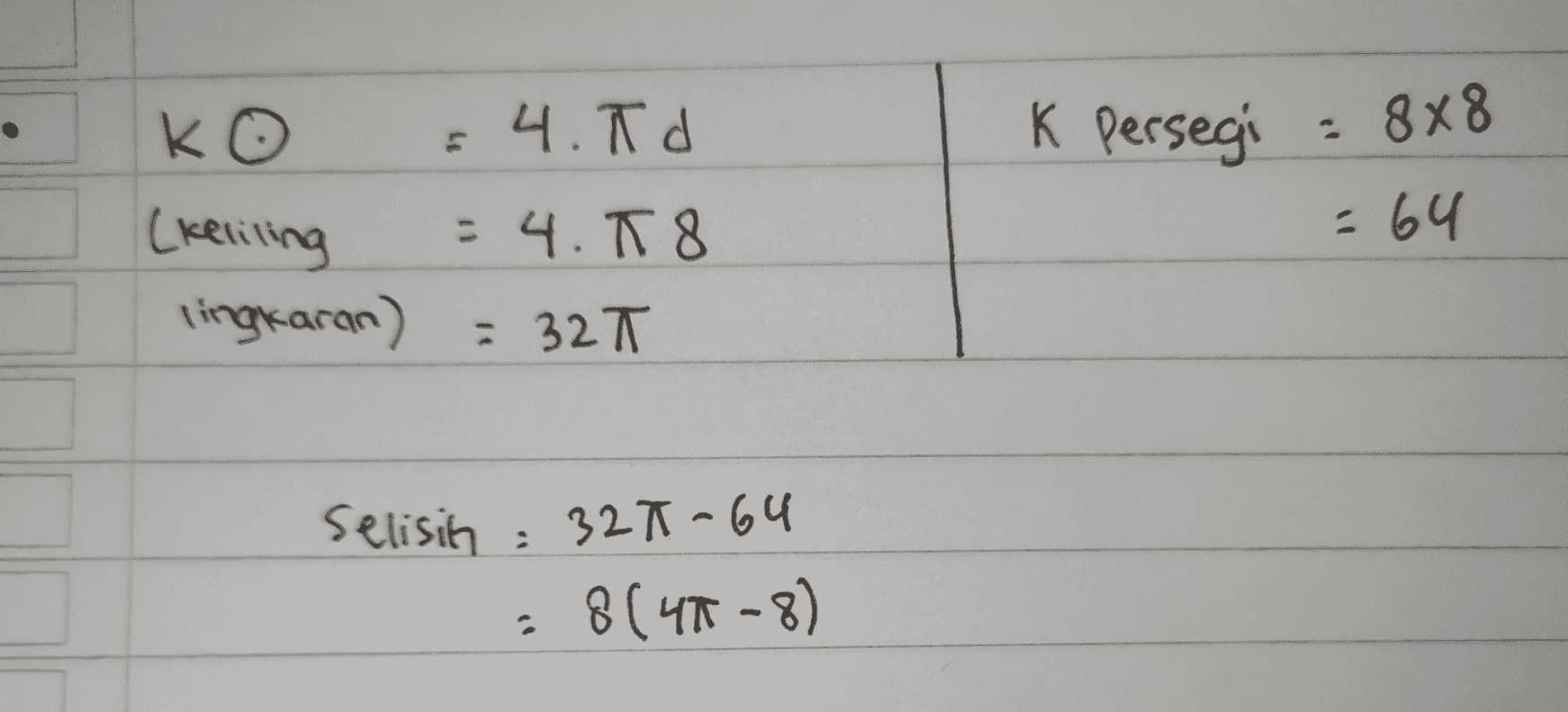 4.Td k persegi : 8x8 КО (keliling lingkaran) = 4. T 8 =64 = 32T Selisih : 32-64 : 8(47-8) 