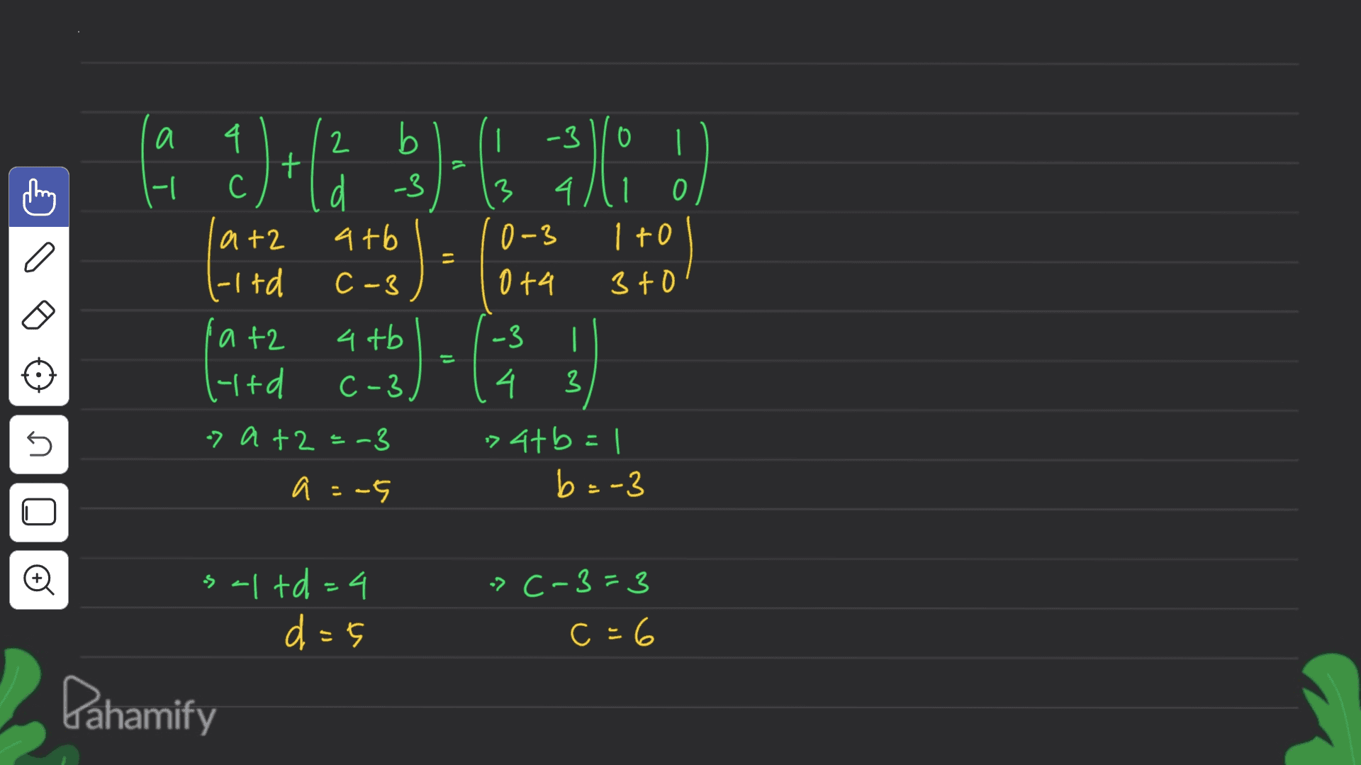 a 4 1. -31/0 1)+lä 5)-(5 - 1 С 2 b d -3 atb C-3 3 4/11 0 0-3 1 +0 0+4 360 a+2 (-Itd lat2 Hrd -3 4 tb C-3) | 3 A n. -> a+2=-3 74+b=| b =-3 a = -5 + saltd=4 d=5 -> C-3=3 c=6 Pahamify 