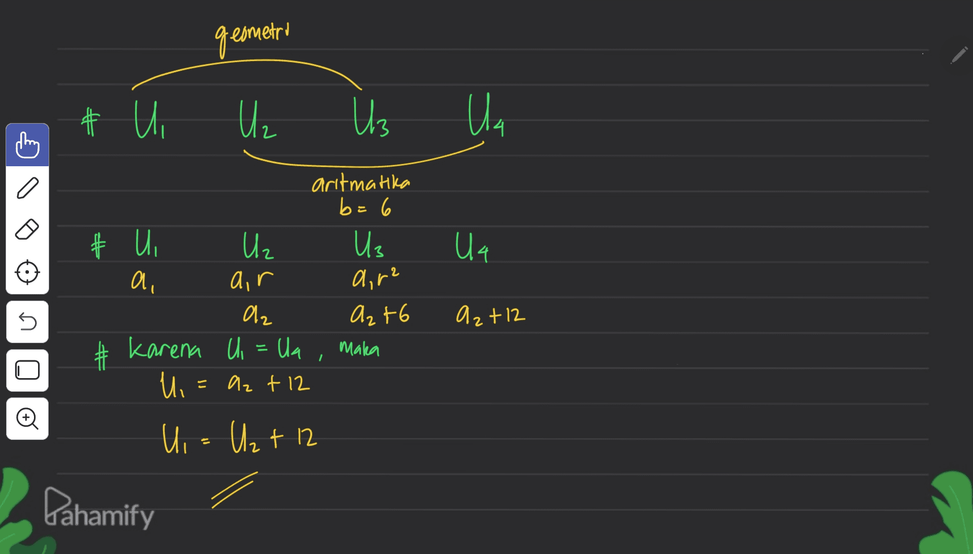 geometri # Ui Uz Uz UA aritmatika b = 6 Ua 2 ai + и, Uz air Oz # karena U = Ua = U az + 12 Us a, r² a, F6 5 Az+12 # maka U Ui= U₂ + 12 Pahamify 