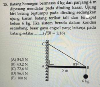 15. Batang homogen bermassa 4 kg dan panjang 4 m dipasang mendatar pada dinding kasar. Ujung kiri batang bertumpu pada dinding sedangkan ujung kanan batang terikat tali dan terapat beban 6 kg. Jika sistem berada dalam kondisi setimbang besar gaya engsel yang bekerja pada batang sekitar........(V10 = 3,16) HALLE A 530 (A) 54,3 N (B) 63,2 N (C) 72,6 N (D) 96,4 N (E) 100N B HHHHHH 5 m m 6 kg 
