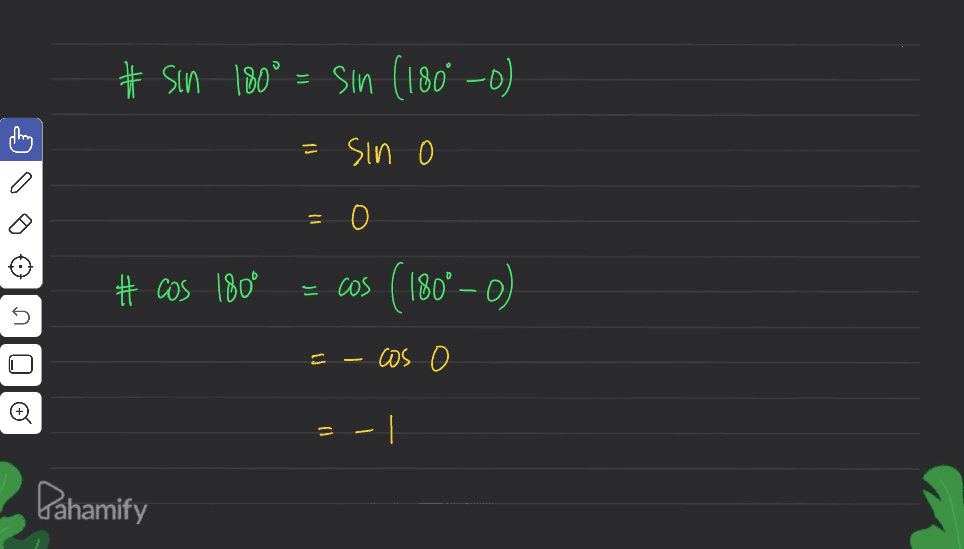 (0-.081) MiS = 081 MIS # こ o uis o # cos 180° = cos (180° - 0) n = - cos = | Pahamify 