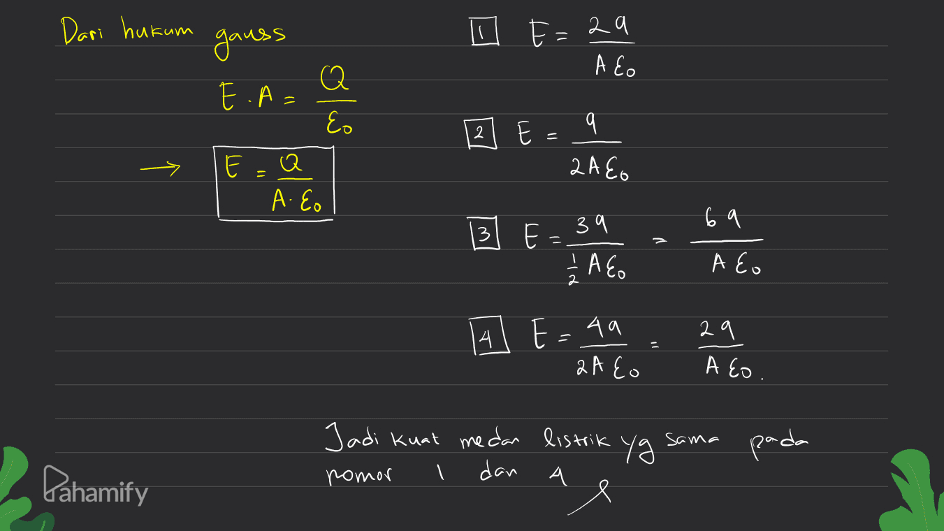 Dari hukum - gauss СЕ 29 A Eo E.A= که او 2 E E 2AEo а Q A. Eo 6 a 13. 39 = ₂ Aco A Eo 14 시 E=49 29 2AEo A Eo. sama Jadi kuat medan listrik pomor | dan А A Yg pada Pahamify 