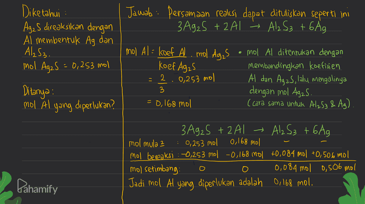 Bagan rencana penyelesaian soal 1) Menentukan persamaan reaksi setara antara Ag2S dengan Al 2) Menentukan mol Al yang bereaksi dengan perbandingan koefisien dari Al dan Ag2S 3) Membuat keadaan mol mula-mula, bereaksi, dan setimbang dari reaksi tersebut Pahamify 
Jawab: Persamaan reaksi dapat dituliskan seperti ini 3 Ag2S + 2AI Alz S3 + 6 Ag Diketahui : Ag2 S direaksikan dengan Al membentuk Ag dan Ala S3. mol Agz S = 0,253 mol mol Al= koef Al mol Ag25 Koef Ag₂5 2 • mol Al ditentukan dengan Membandingkan koefisien Al dan AgzS, lalu mengalinya dengan mol AgzS. (cara sama untuk Abs3 & Ag). - 0,253 mol 3 Ditanya : mol Al yang diperlukan? = 0,168 mol 0,168 mol : 3 Ag2S + 2AI Al2S3 + 6 Ag mol mula 3 : 0,253 mol mol bereaksi : 0,253 mol -0,168 mol +0,084 mol +0,506 mol mol setimbang: 0,084 mol 0,506 mol Jadi mol Al yang diperlukan adalah 0,168 mol. . o Pahamify 