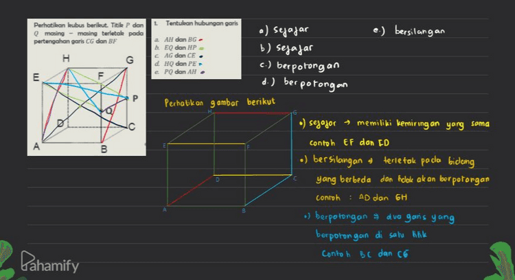 2. Tentulan hubungan antara bidang-bidang Perhatikan kubus berikut. Titik P dan Q masing-masing terletak pada pertengahan garis CG dan BF H. G ANCD dengan EFGH EPW dengan ABCD BIG dengan ACN ACHE dengan APD. E a segajar ß a berpotongan ß a) ABCD sojajar EF GH 6) EQPH berpotongan ABCD c) BEE sejajar ACH d) BCHE berpotongan ARPD a berhimpit dengan p B Pahamify 
н 2. Tentukan hubungan garis dan bidang E חד AH dan BCGF b. HP dan ABCD CPO dan EFGN d. CH dan BDE e ac dan EPH a) AH sejajar BCGF b) HP menembus ABCD c.) PQ sejajar EFGH d) CH sejajar BDE e.) AC menembus tapH D A B Perhatikan gambar berikut : garis terletak paolo bidong gans sejajar bidang gans menembus bidang Pahamify 
1 a AH dan BG- Perhatikan kubus berikut. Titik P dan masing - masing terletak pada pertengahan garis CG dan BF H G F E P g Tentukan hubungan garis a) sejajar e.) bersilangan b. EQ dan HP b) sejajar CAG dan CE. d HQ dan PE c.) berpotongan e PO dan AH d.) berpotongan Perhatikan gambar berikut .) sejafor memiliki kemiring an yang sama Contoh EF don CD •) bersilangan & terletak pada bidang yang berbeda dan hook akan berpotongan Contoh : AD dan GH a) berpotongan & dva garis yang berpotongan di satu kikk Contoh BC dan có A B D C C В. Pahamify 
