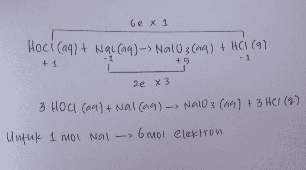 be X 1 Hoci (aq) + Nai (aq)-> NalO3(aq) + HCl (91 -1 -1 + 1 +5 2e x 3 3 HOCI (aa) + Nal (aq) -> Nalo 3 (aq) + 3 HCl (9) Untuk 1 moi Nal -> 6 moi elektron 