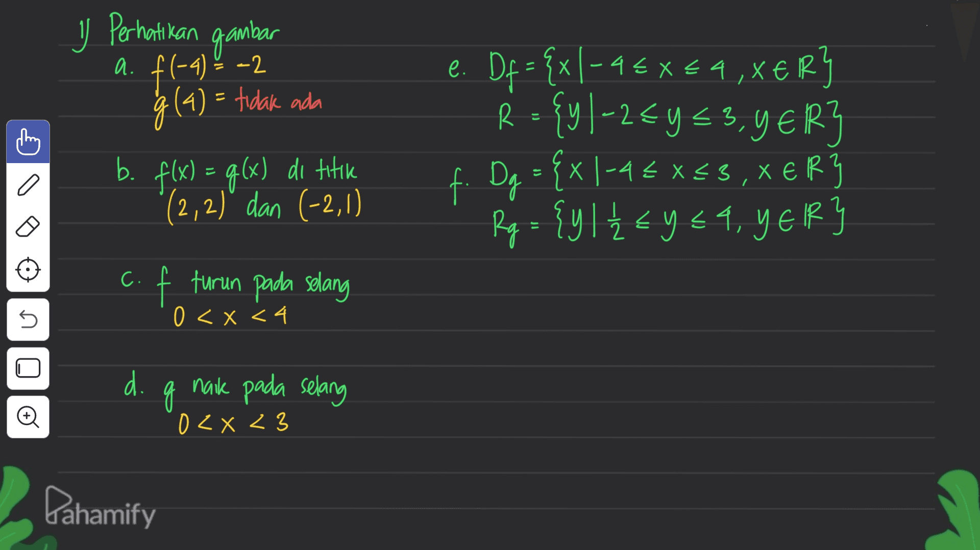 y Perhatikan gambar . Х x R < a. f(-4) = -2 A. F g (4) = tidak ada b. f(x) = g(x) di titik (2, 2)" dan (-2,1) e. Df = {xl-4€¥€4,XERY R={y/-2E4<3, YER} f. Dq = {x1-4E XES, XER} } R; - {y | £ Ey=q, YER} Х < c. f turun pada selang 0 < x <4 n. d. naik pada selang g 02X23 Pahamify 