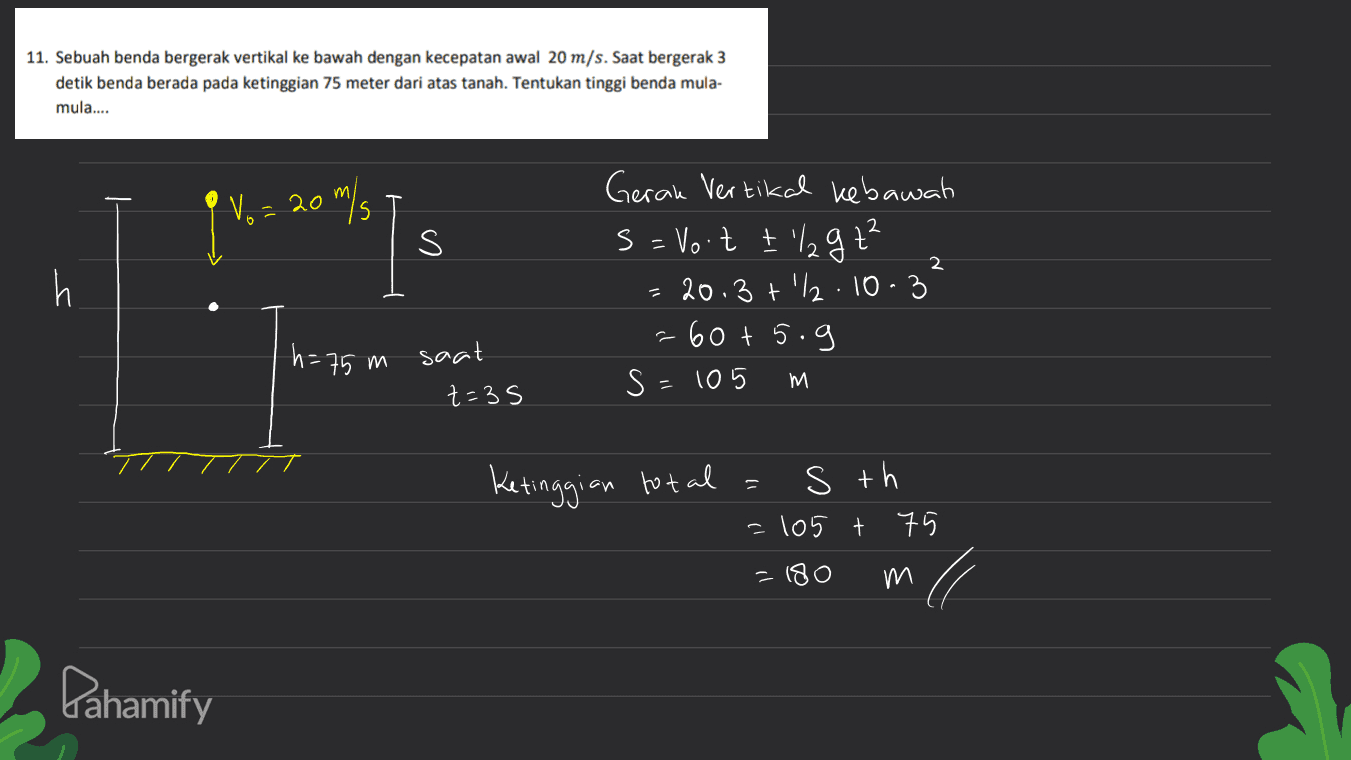 11. Sebuah benda bergerak vertikal ke bawah dengan kecepatan awal 20 m/s. Saat bergerak 3 detik benda berada pada ketinggian 75 meter dari atas tanah. Tentukan tinggi benda mula- mula.... 20 2 m/ s 2 2 h Gerak Vertikal ke bawah S = Voot + 'lag 2² = 20.3 +12.10.3 -60 +5.9 s=105 h=75 m saat m z=35 Ketinggian total s th -105 75 =180 m Pahamify 