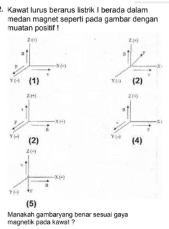 2. Kawat lurus berarus listrik I berada dalam medan magnet seperti pada gambar dengan muatan positif ! 26 ZO Ye (1) YO (2) 2 24 X Y (2) YA (4) ( Z YE (5) Manakah gambaryang benar sesuai gaya magnetik pada kawat? 