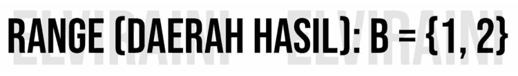 DOMAIN (DAERAH ASAL): A = {X, Y} 
FUNGSI: A B 
RANGE (DAERAH HASIL): B = {1, 2} 
KODOMAIN (DAERAH KAWAN): B = {1, 2, 3} . 