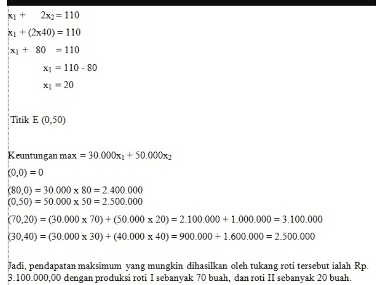 Gambar Grafiknya 160 150 100 (0,50 € (30,40) (70.2010 (0,0 A 50 (80,0 B 100 150 (3) (1) 
>>X1+ 2x2<110 X1 = 0; 2x2= 110 X2 = 110:2 X2=55 X2= 0;X1= 110 (110,55) > Xi+ 3x2 <150 X1= 0; 3x2= 150 X2= 150:3 X2= 50 X2 = 0; x1 = 150 (150,50) 
2x2 = 110 x1 + (2x40) = 110 X + 80 = 110 Xi = 110 - 80 Xi = 20 Titik E (0,50) Keuntungan max = 30.000xı + 50.000x2 (0,0) = 0 (80,0) = 30.000 x 80 = 2.400.000 0,50) = 50.000 x 50 = 2.500.000 (70,20) = (30.000 x 70) + (50.000 x 20) = 2.100.000 + 1.000.000 = 3.100.000 (30,40) = (30.000 x 30) + (40.000 x 40) = 900.000 + 1.600.000 = 2.500.000 Jadi, pendapatan maksimum yang mungkin dihasilkan oleh tukang roti tersebut ialah Rp. 3.100.000,00 dengan produksi roti I sebanyak 70 buah, dan roti II sebanyak 20 buah. 
XL + 2x2 = 110 + (2x40) = 110 X1 + 80 = 110 x1 = 110 - 80 Xi = 20 Titik E (0,50) Keuntungan max = 30.000xı + 50.000x2 (0,0) = 0 (80,0) = 30.000 x 80 = 2.400.000 (0.50) = 50.000 x 50 = 2.500.000 (70,20) = (30.000 x 70) + (50.000 x 20) = 2.100.000 + 1.000.000 = 3.100.000 (30.40) = (30.000 x 30) + (40.000 x 40) = 900.000 + 1.600.000 = 2.500.000 Jadi, pendapatan maksimum yang mungkin dihasilkan oleh tukang roti tersebut ialah Rp. 3.100.000,00 dengan produksi roti I sebanyak 70 buah, dan roti II sebanyak 20 buah. 
Titik A (0,0) Titik B (80,0) Titik C Model 1 dan Model 2 2x1 + x2 < 160 (dikali 2) 4x1 + 2x2 = 320 x1 + 2x2 < 110 (dikali 1) x1 + 2x2 = 110 - 3x1 = 210 X] = 210 : 3 Xi = = 70 x1 + 2x2 = 110 70+2x2 =110 2x2 =110-70 2x2 = 40 x2 = 20 Titik D Model 2 dan Model 3 X1 + 2x2 = 110 xi+ 3x2 = 150- - X2=-40 X2 = 40 