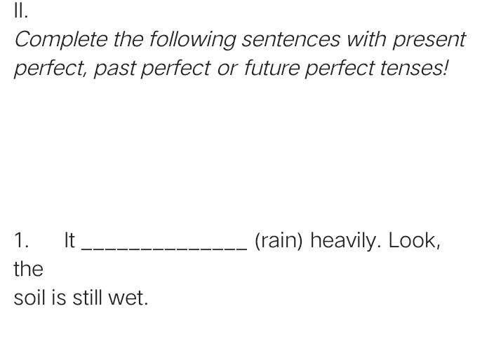 II. Complete the following sentences with present perfect, past perfect or future perfect tenses! (rain) heavily. Look, 1. It the soil is still wet. 