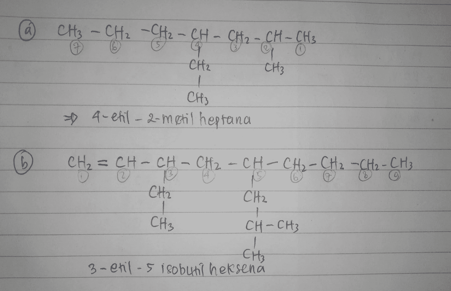 (4 CH3 - CH2 - CH2 - CH - CH2 - CH - CH3 G CH₂ CH3 CH3 4-etil-2-metil heptana CH₂=CH-CH-CH₂-CH-CH₂-CH ₂ -CH2-CH₃ 댑 CH2 CH₂ CH2 CH CH - CH₂ CH CH₃ , CH-CH3 CH₃ 3-etilos isobutil heksena 