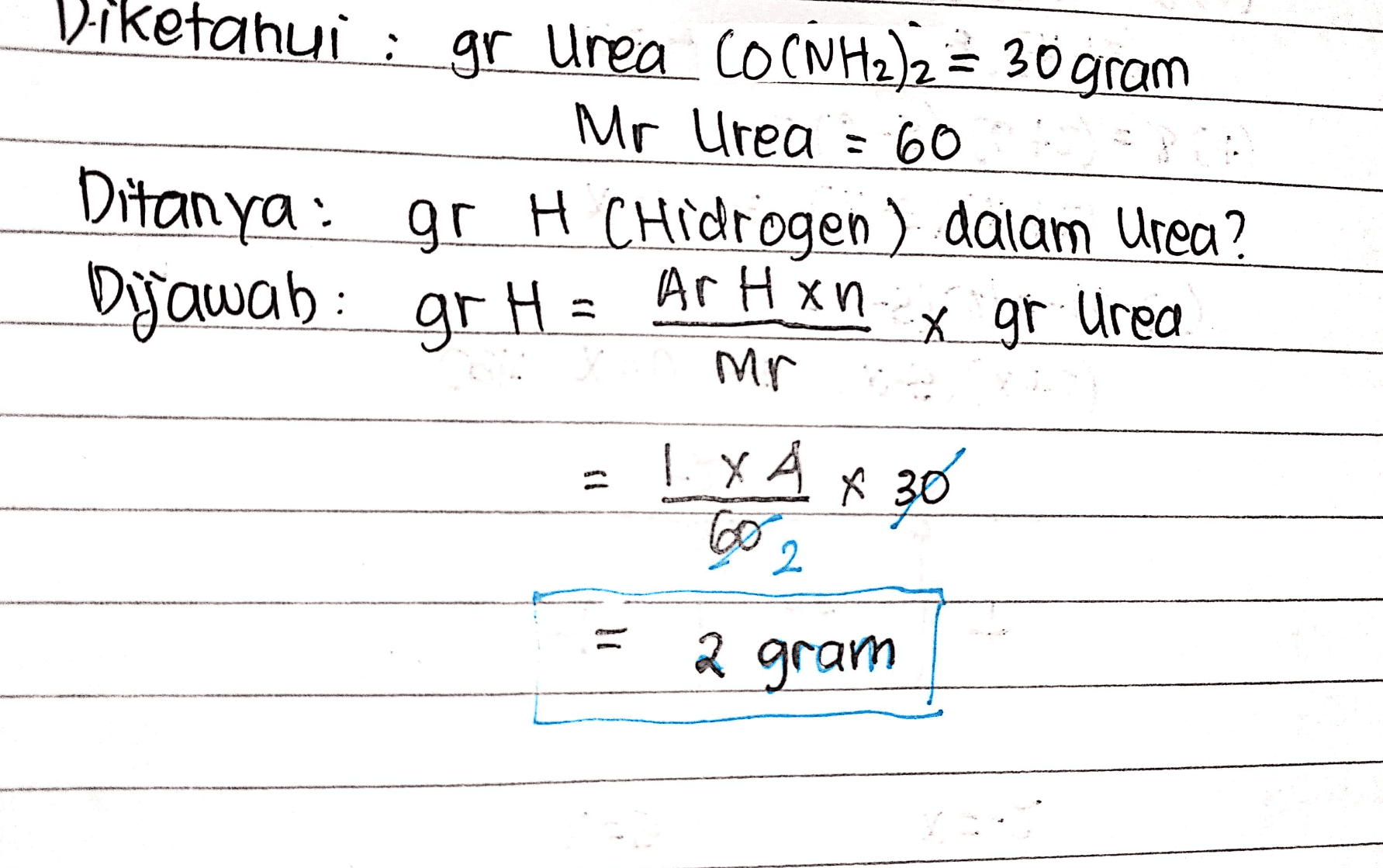 Diketahui : gr Urea COCNH2)2 = 30 gram Mr Urea = 60 Ditanya: gr H CHidrogen). dalam Urea? Ar Han Dijawah: grH x gr Urea Mr - 1 x A x 30 60 2 2 gram 