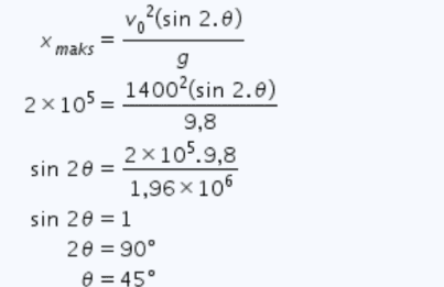 X maks 02(sin 2.0) g 1400(sin 2.0) 2x105 = 9,8 2x105.9,8 sin 20 = 1,96 x 106 sin 20 = 1 20 = 90° = 45° 