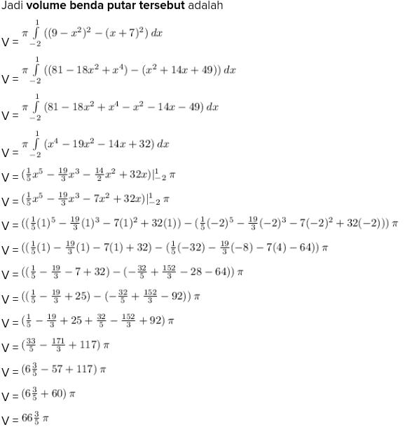 Jadi volume benda putar tersebut adalah (9 – 32)2 – (x +72) de V= - 2 V=J (81 - 1842 +24) - (22 + 14c +49) dx # ) 2 1 2 V = -2 # (81 – 18.42 +24 – 22 – 14.0 - 49) de V= a $ (34 – 1932 – 14x +32) dx V= (5x5 - 147,3 - 4,2 +32x)| 2 7 V= (5x5 - 23 - 7x2 + 322) 27 V = (($(1)5 – (1)3 – 7(1)2 + 32(1)) -((-2)5 – 1(-2)3 – 7(-2)2 + 32( –2))) V = ({}(1) - 1 (1) – 7(1)+32) – ((-32) - (-8) – 7(4) - 64)) V =((} - 1 - 7+32) – (-1* + 132 – 28 – 64)) V=(($ - +25) - (-1*2 + 152 – 92)) V=(-1 + 25 + ** - 152 +92) V=($ - 171 + 117) V = 6% - 57+ 117) V= (6} +60) V = 663 
y = x + 7 8 By arsetpopeye 00 5 y = 9 - XP 4 3 2 1 -3 -2 -1 0 2 4 5 