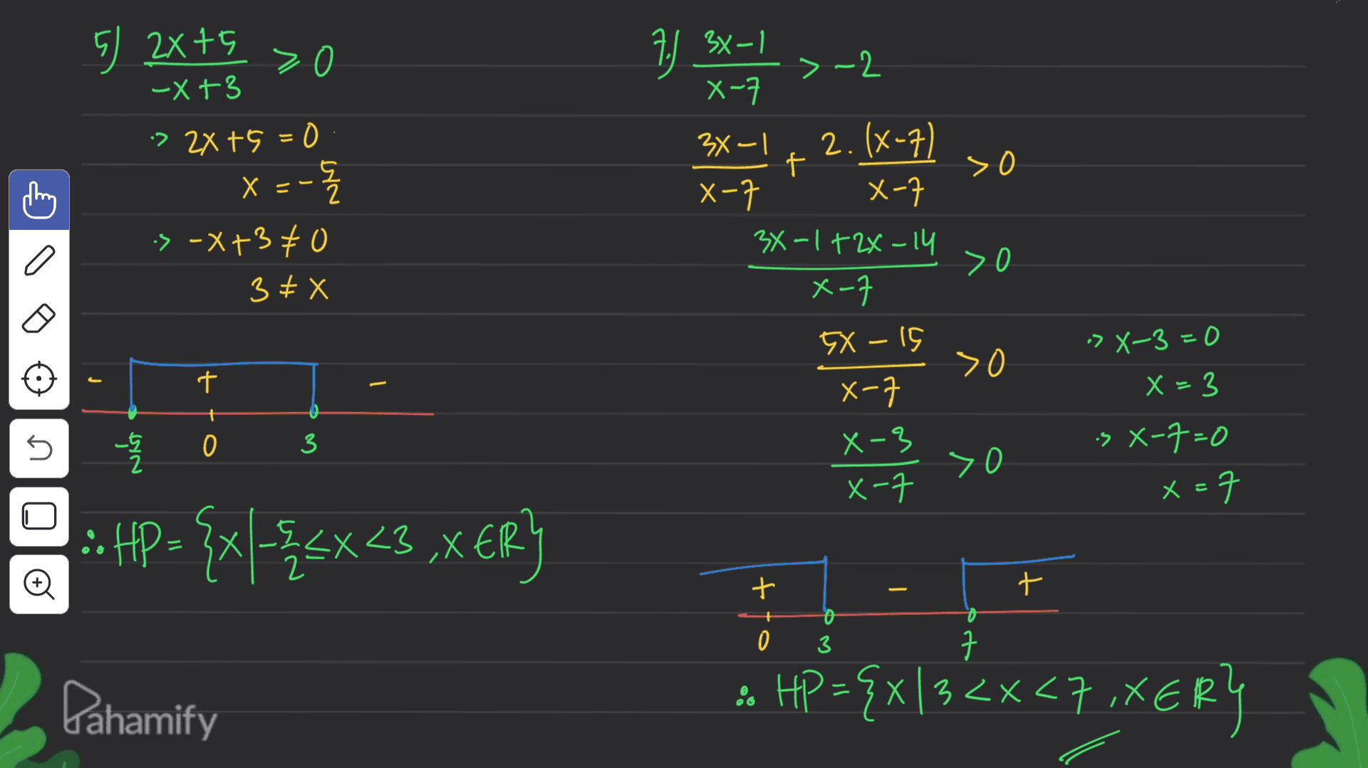 5)_2x+5 OR 7) 3X-1 7-< -X+3 X-7 > 2x+5=0 - 3メー| X-7 X = - Ž 2. (x-7) ( t xo X-7 :> -x+370 hi-xZ+ 1-XL a > 0 X FE X-7 5X -15 X-7 3 > 0 > X-3=0 x=3 J t - 3 0 NAS s ם X-22 >o is X-7=0 x=7 (79X' 7x7}-{x} - CH: X o + t + 0 3 t Dahamify & x<x7 HP ={x|3<«<7,XER ERY 