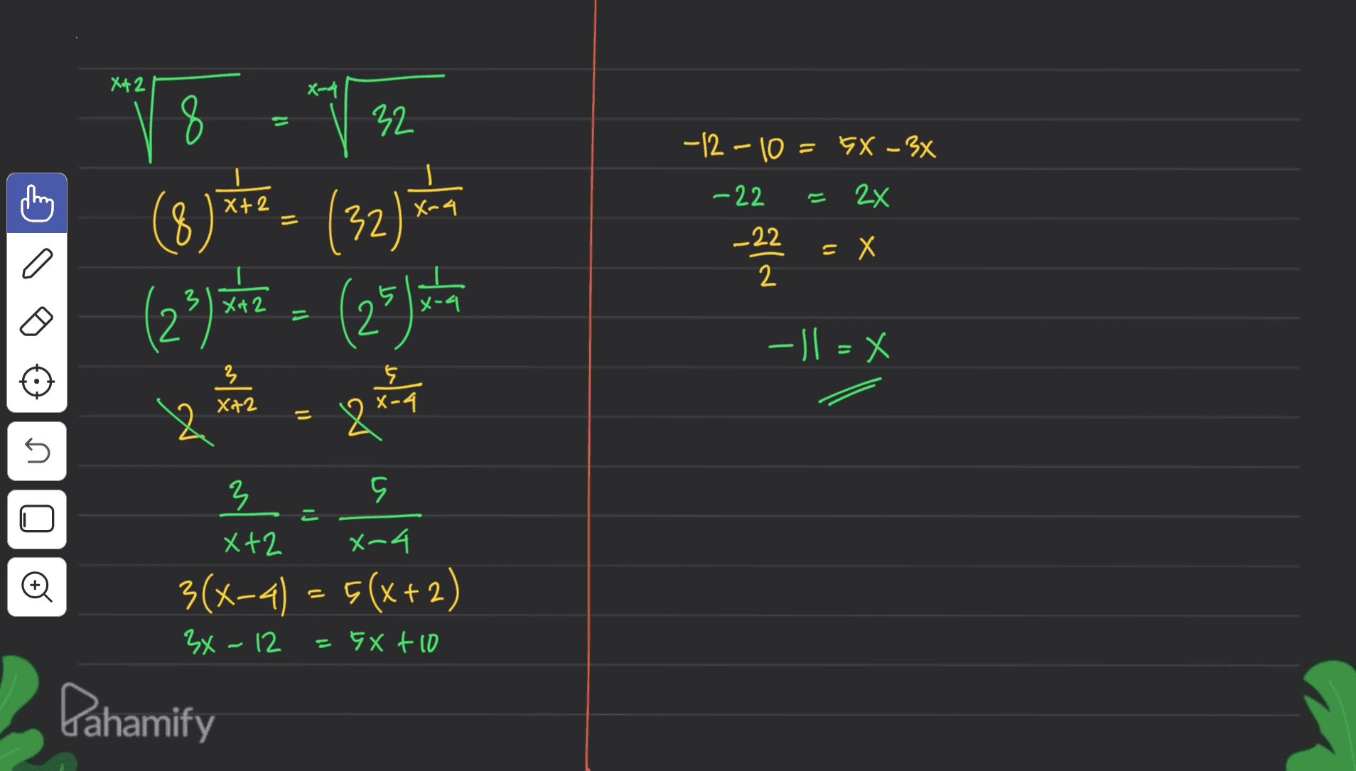 X+ 2 8 11 -12-10 = 5x - 3x 2x X-4 V 32 (8)*** (32) (22)the = (25) v Quan -22 _22 2 -22 =X x-a -1=X 3 X72 = n iJ 00 X-4 3 5 X+2 3(x-4) - 5(x+2) 3x - 12 =5X + 10 Pahamify 