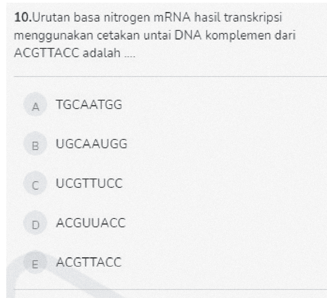10.Urutan basa nitrogen mRNA hasil transkripsi menggunakan cetakan untai DNA komplemen dari ACGTTACC adalah ... A TGCAATGG B UGCAAUGG C 다 UCGTTUCC D ACGUUACC E ACGTTACC 