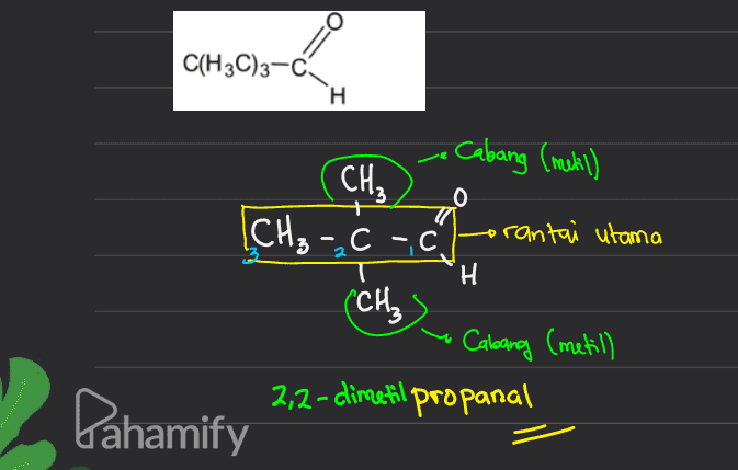 C(H3C)3-C H H • Cabang (metil) CH, 3 [CH₃ -C -C rantai utama H (CH₃ • Cabang (metill 2,2-dimetil propanal Pahamify 