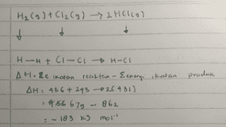 H₂(g) + Cl₂ (g) 2 Holol + prudlux H-H+CI- CH-C1 AH. Ze koton rcal reaften - Eenergi ikatan AH. 456 + 143 -2.6431) 456 679 - 862 . - 183 k) mol 