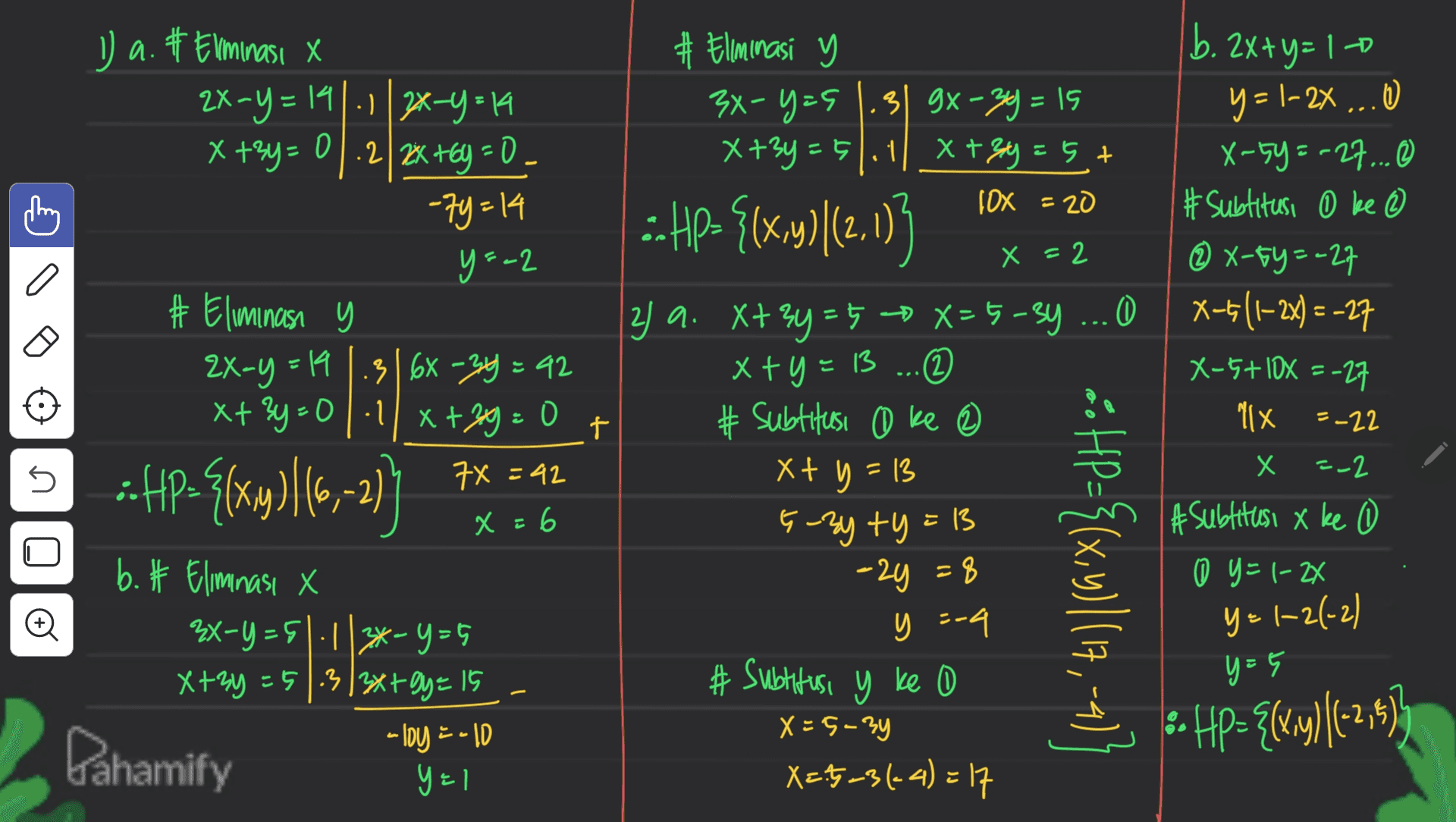 1) a. #Eliminasi X 2x=y=141-1/2x-y=14 x+3y=0.2 2x+6y=0 -79=14 y=-2 b. 2x+y= 10 9 = -2x ... ) X-5y=-27 ... # Subtitusi 0 ke 2 X-5y=-27 X-5/1-2x) = -27 X-5+10X =-27 "IX =-22 X =2 #Eliminas y 2X-Y = 19.3|6x -34 = 42 xt ?y=0|1| X+39 = 0 7X=42 # Elminasi y 3x-y=9 3) gx-3y = 15 X+3y=51.1 + =51.1 X+3y = 5 + 10x = 20 -- HP> {(x,y)|(2,113 2) a. X+3y=5 X=5-3y ... 0 x+y=13 x+ = 1 ... 2 # Subtitusi @ ke X+ y = 13 E-By ty=13 -2y =8 y =-4 # Subtitusi y ke 0 X=5-3y X=-3-31-4)=17 t Х. =-2 U -ftp-{{xy)(5,-2) ] x = 6 #subtitusi x ke 0 y=1-24 ** HP={(x,y)| (17,-4) b. # Eliminasi X 3x-y=5|-1|3*-y=5 X+3y=51.3/3x+y = 15 -loy = -10 y=1 o y = 1-2(-2) y=5 -- ) Hp={(x,y)|(-2, -2,5) Dahamify 