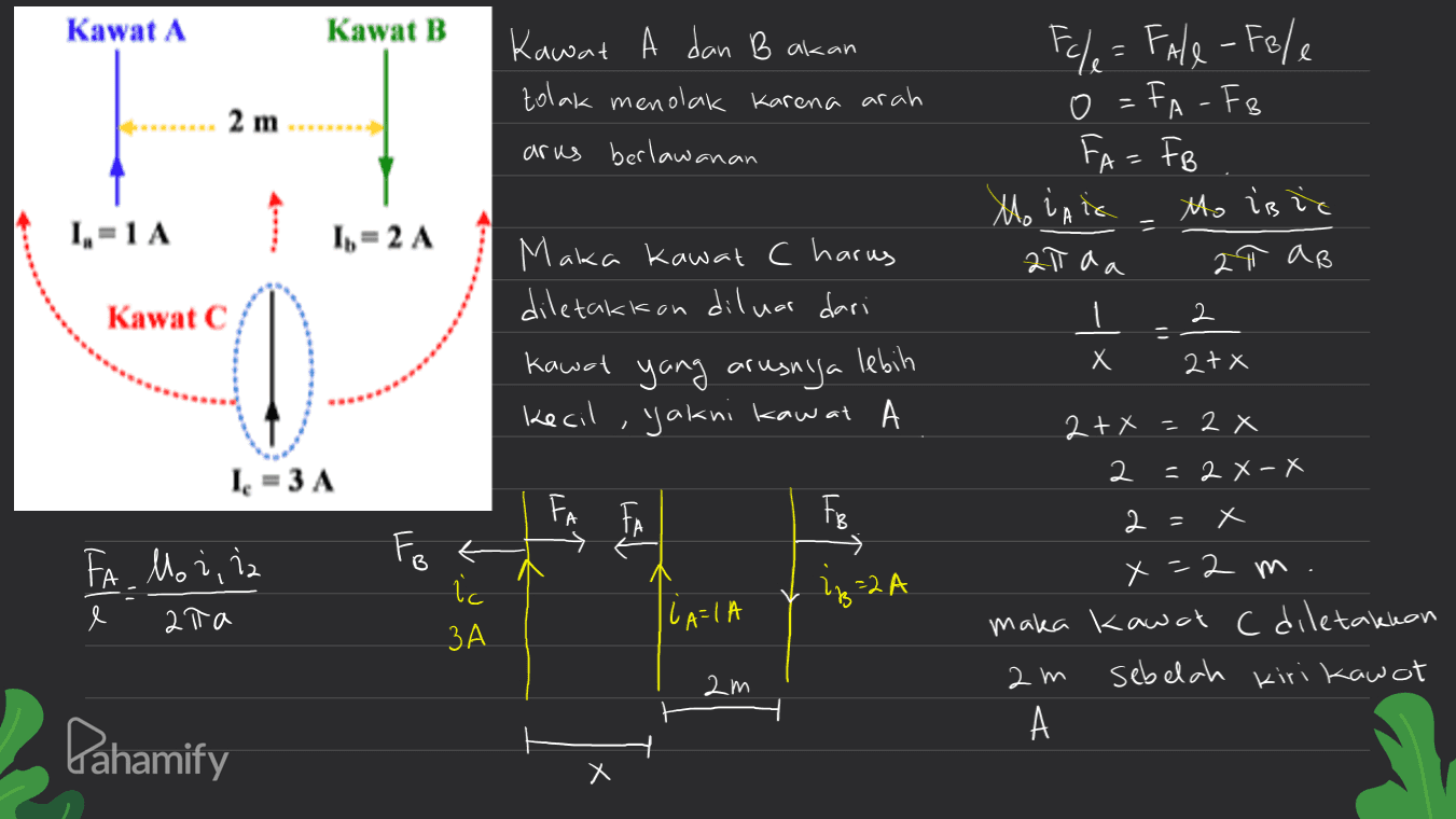 Kawat A Kawat B = Kawat A dan B akan tolak menolak karena arah arus berlawanan 2 m Fale = Fale - Fele o=FA-FB F=FB Mointe ho is ir all da aß I l 2+x - 1,-1A Io = 2 A 2 Kawat C 2 Maka kawat C harus diletakkan diluar dari Kawal yang arusnya lebih kecil, yakni kaw at A X 2 X 2+x 2 I. = 3 A = 2 X-X FA FA FB > Fa. Moi, iz โ ata Fo i 3A -2 A e | (A=IA 2= x x=2 m. maka kawat c diletakkan 2m sebelah kiri kawat А 2m Pahamify X 