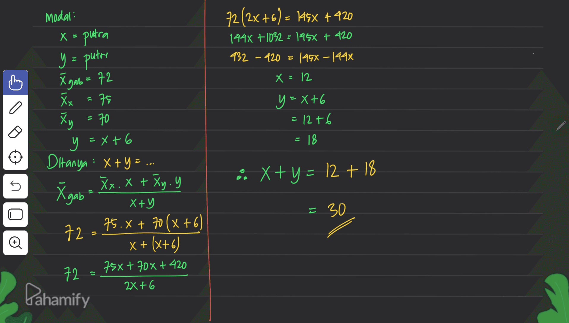 Modal x = putra y = putri x sixixix Xgab=72 72(2x+6) = 149x + 420 2x+6KGX 1444 +1032=1958 + 420 432 - 920 = 1958 - 1994 X =12 y=x+6 = 12 +6 18 a 75 = 70 E y =x+6 és X + y = 12 + 18 n Ditanya : x+y=.. Xx.x + xy. y X gab X+Y ( x + (x+6) 72 75x+708 +420 E 30 72. 75.x + 70(x+6) 2x+6 Pahamify 