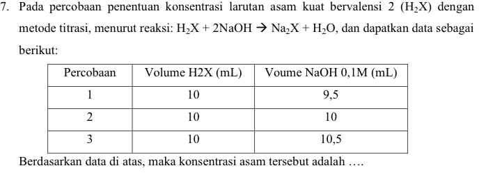 7. Pada percobaan penentuan konsentrasi larutan asam kuat bervalensi 2 (H2X) dengan metode titrasi, menurut reaksi: H2X + 2NaOH → Na2X + H2O, dan dapatkan data sebagai berikut: Percobaan Volume H2X (mL) Voume NaOH 0,1M (mL) 1 10 9,5 2 10 10 3 10 10,5 Berdasarkan data di atas, maka konsentrasi asam tersebut adalah .... 