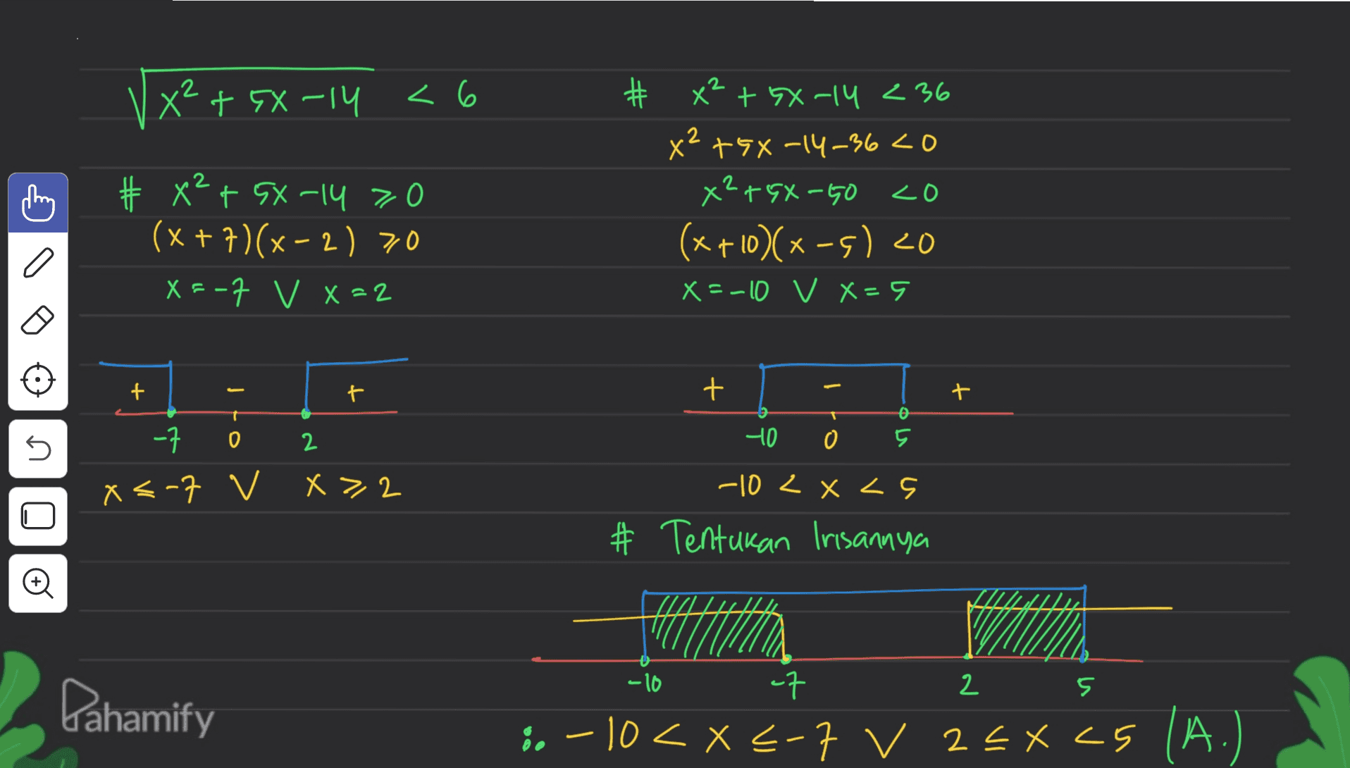X²+GX-14 < 6 # # x² + 5x-14 > 0 (x+7)(x-2) 70 X=-7 V X =2 # x² + GX-14 236 x² + 5x-14-36 <0 x²+gX-GO <o (x+10)(x-5) zo X=-10 v X=5 Į 1 十 + t 十 o 5 40 o 5 -7 0 2 X<-7 V X>,2 -10 2XLs * Tentukan Irisannya -10 of 구 2 5 Dahamify :. -10 < X <-7 V 25X CS (A.) 