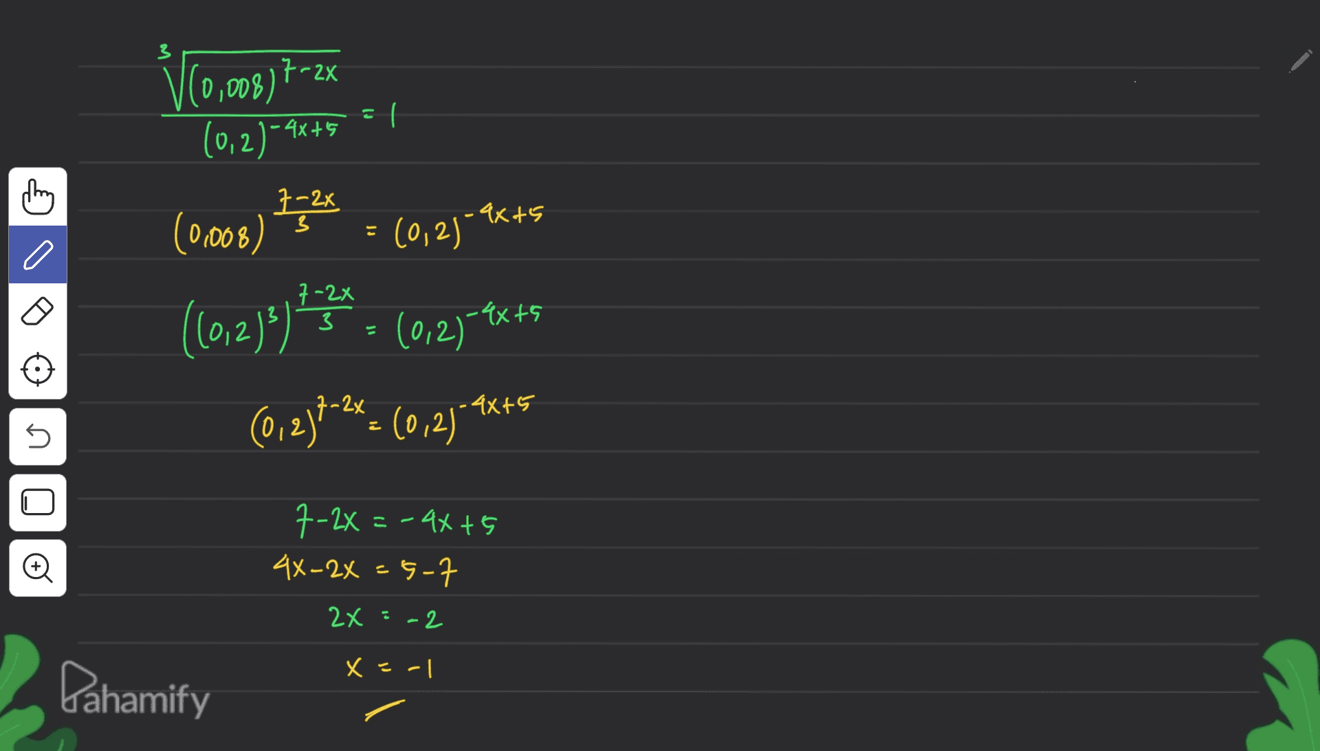 V(0,003) +-26 ll (0,2)-2 -4x+5 thing 7-22 -ax+5 ( (0.008) 3 (0,2)-9 o (6,2)) An (0,27-**45 (0, 2)}-2%= (0,2) .4x+5 **** U U 7-2x = - 4x + 5 4x-2x = 5-7 o 2x :-2 x = -1 Pahamify 