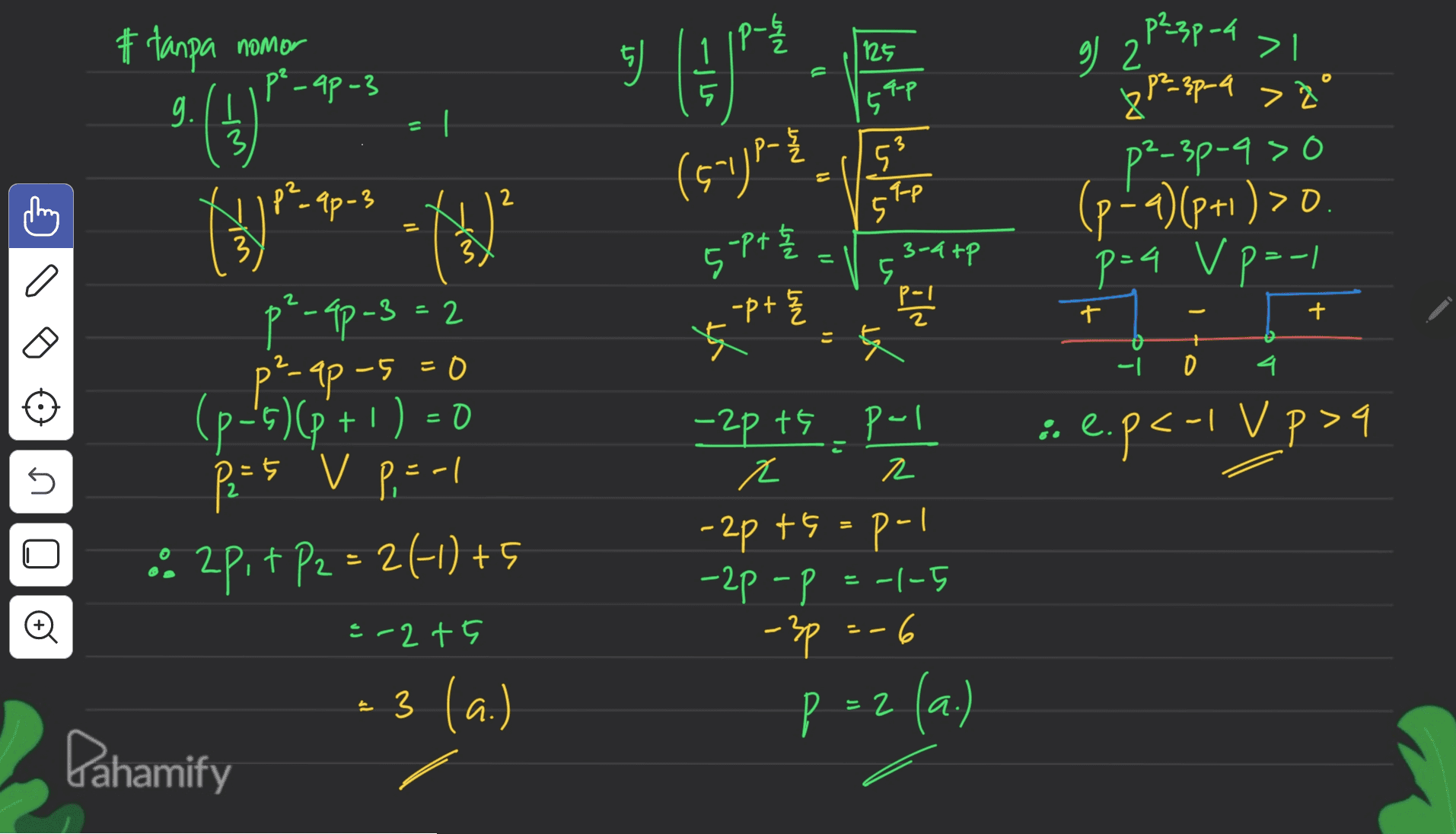 1 > # tanpa nomor p²-ap-3 9. ੧ ਵਿ" . E 125 .9-P 5 ST 5 (+) -| 3 돌 3 (s.jpg Si la p²3p-4 g) 2 > 1 8P²_3p-4 > 2° p²-3p-9>0 (p-4) (p+1)>0 p=4 Vp--1 2 p² -9p-3 2 2 3 5-P+ $ .9-8 5 3-4 tp P= // ५ 2 t + -p+ 팃 я 2 EO -1 0 = p²-ap-3 = 2 s2 p²-ap-s (p='s)[p'+1) = 0 ) P2=5 P .: 2p. + P2 = 26-1) + 5 <-| p :5 V P,= -1 :.e.p<- Vp>4 5 I t -2pts pul z R -2pts=pol = -1-5 -3p 6 Р P 2 2 (a.) -2p - P o e-2 + 는 .3 (a.) a Dahamify 