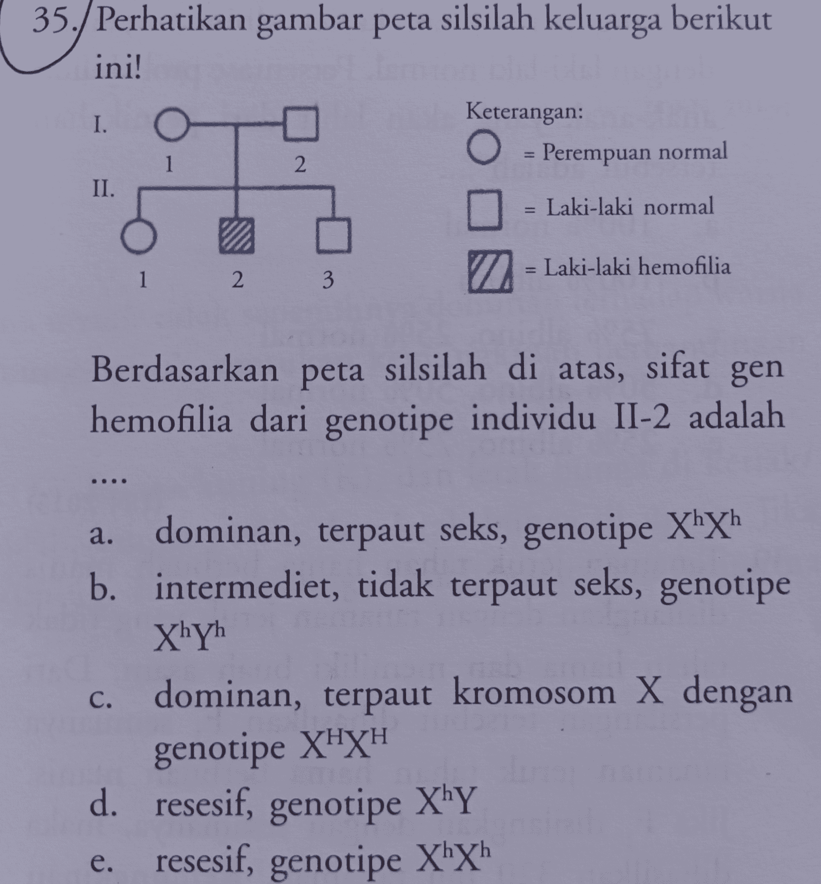35. Perhatikan gambar peta silsilah keluarga berikut ini! O Keterangan: O = Perempuan normal I. = 1 2. II. = Laki-laki normal = Laki-laki hemofilia = 1 2 3 - - Berdasarkan peta silsilah di atas, sifat gen hemofilia dari genotipe individu II-2 adalah a. dominan, terpaut seks, genotipe XhXh b. intermediet, tidak terpaut seks, genotipe Xhyh dominan, terpaut kromosom X dengan genotipe XHXH d. resesif, genotipe XhY resesif, genotipe XhXh C. e. 