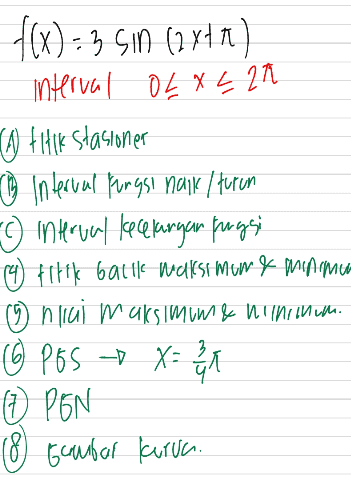 f(x) = 3 SIN (2x1) Interval OLX L2h A thik stasioner o Interval fungsi naik/turun o interval kecelangan fungsi ♡ fit to battle walksimum & minimea ☺ nici maksimum& niihin. 6 PES = 3 (1 PEN (8 Gambar Kuruc. 3 