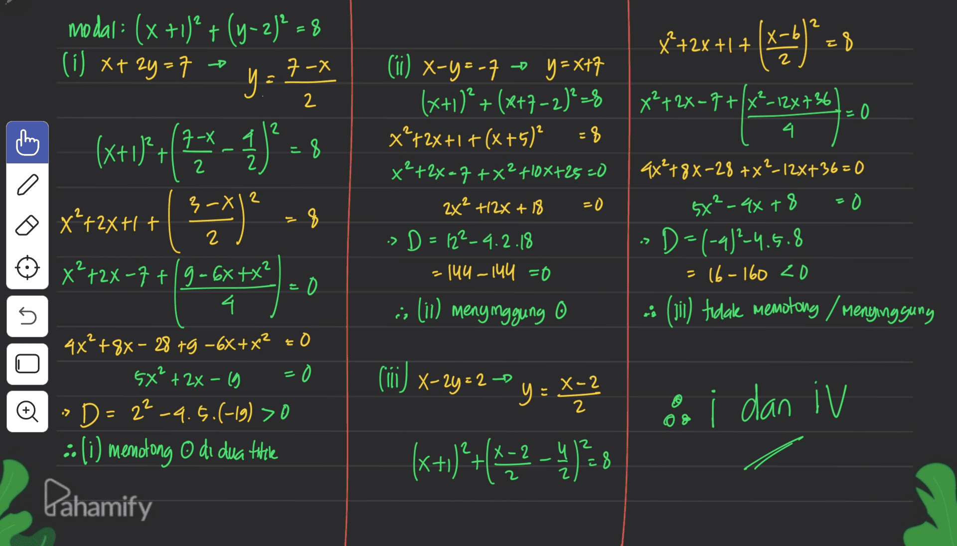 2 modal: (x +1)* + (y-2)" - 8 (i) x+ 2y=7 -b 2 y = 7 - - 1 7 x+2x+1 +(44)*8 ) --), 0 2 40 2 7- 2 1 2 2 (ii) x-y=-7 -- y = x+7 (x+1)²+(x+7-2)²=8 x 72X+1 + (x+5) x²+2x–7 +x2410X+25-0 2X² +12X + 18 > D=122_4.2.18 = 144-144 =0 ;; (ii) meny nggung O 2 3-x12 B (x+1)*(**_ 1)*-8 + 1/ 2x+1+( mens ༡ - 0 x²+2x=7+/x²_124736 4. 9x²+88-28 +X²-12x+36=0 5x²-4x+8 =0 D=(-4)?–4.5.8 = 16-160 zo 3 (11) tidak memotong / Menyinggung 2 > 5 o + x²+2x+1+ q x²+2x-7+19=6X+X² 4. 4x'+8x – 28 +9 -6x + x² = 0 5x² + 2x - 19 = D=2²-9.5.(-19) >0 : (i) memotong o di dua title Pahamify (iii) x-2y = 2-0 y = X-2 (= X-2 2 > o i dan iv 08 2 X (x+1)+(+-2 - 4 1 28 (? +4472 Ć Z 