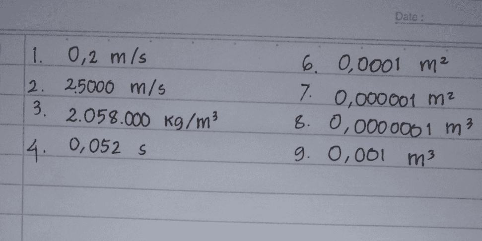 Date : 1. 0,2 m/s 2. 25000 m/s 3. 2.058.000 kg/m3 6. 0,0001 m² 7. 0,000001 m² 8. 0,0000001 m? 9. 0,001 m 4. 0,052 s 