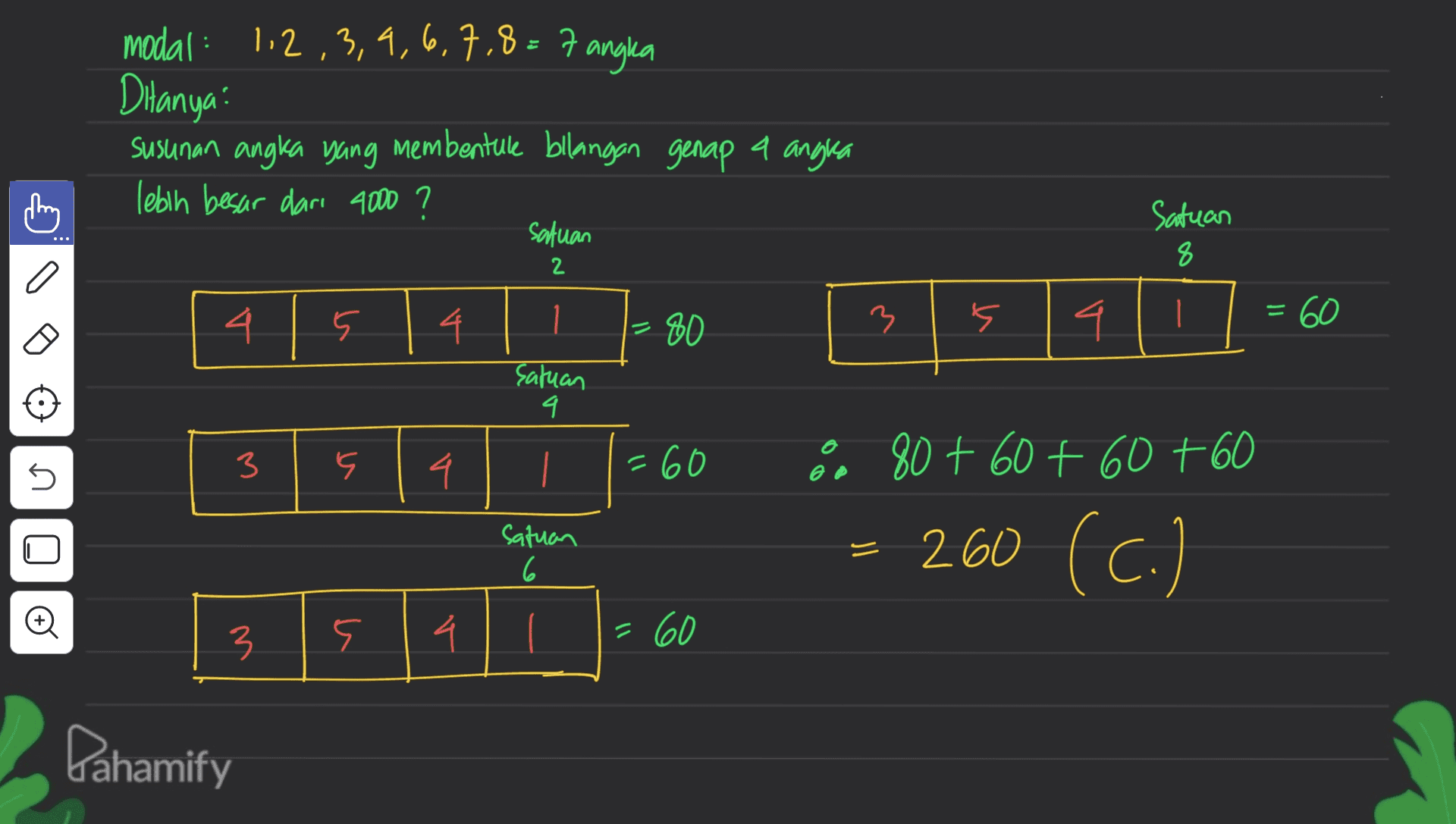 modal : 1,2,3,4,6,7,8=7 angka Ditanya: susunan angka yang membentule bilangan genap a angla lebih besar dari 4000 ? satuan thing Satuan 8 2 a 4. 5 - 4 3 - 80 s 1 4 satuan 9 3 5 5 4 = 60 80 + 60 +60 +60 satuan 6 = 260 (c.) o 3 3 9 4 = 60 Dahamify 