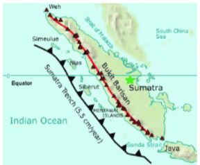 Weh South China Se Simeulue Stratfal Nus Equator Siberut Bukit Barisan Sumatra TAWAL ISLANDS Indian Ocean Sunatra Trench (5.5 cm/year) cunda Swak Java 