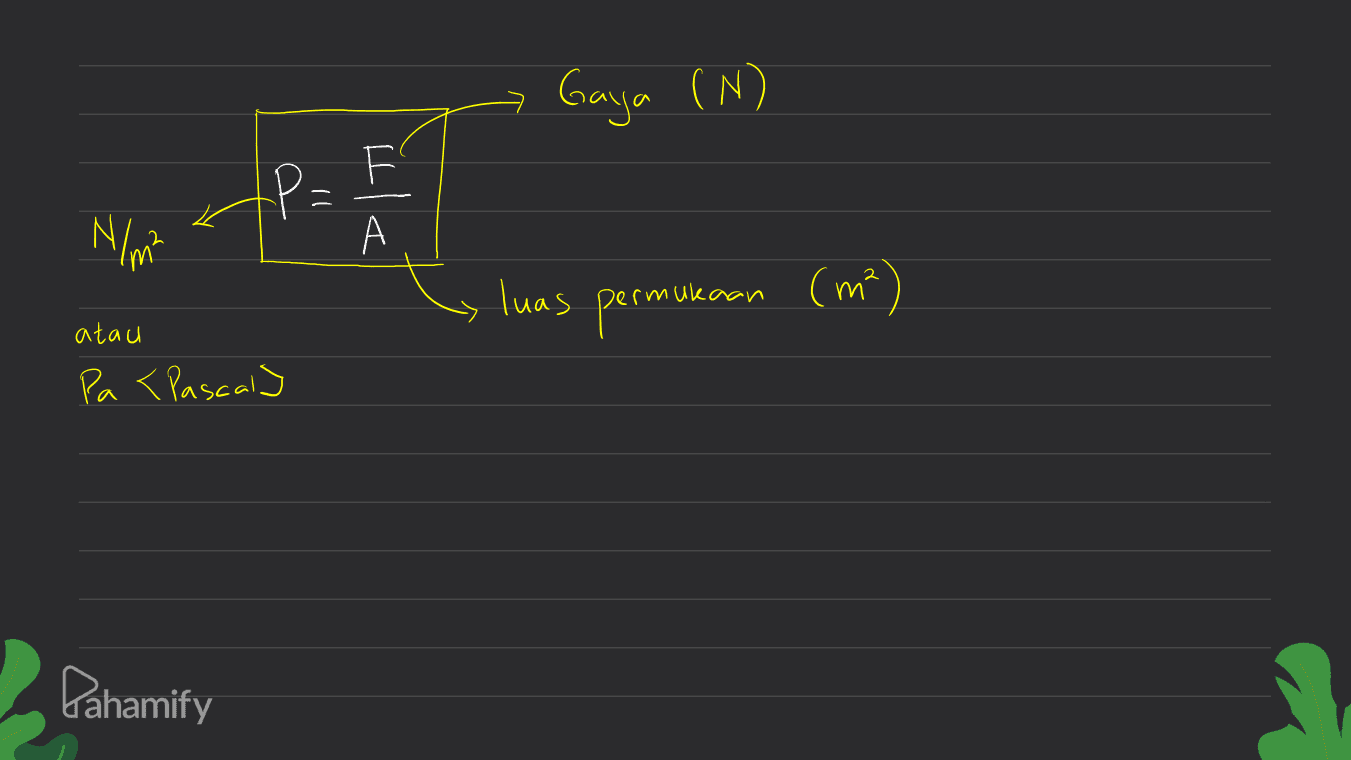 Gauja (N) P= N/m² А luas permukaan (m²) atau Pa < Pascal) Pahamify 