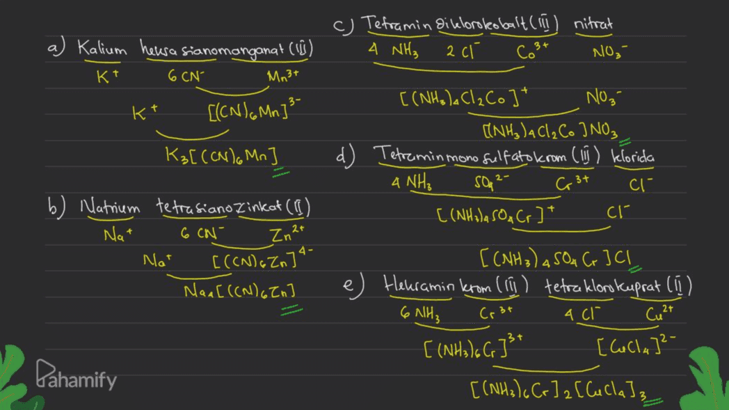 a) Kalium hewa sianomanganat (11) Tetramin diklorokobalt (!!!) nitrat 4 NH₃ 2 cl Co²+ NO₂ Kt 6 CN Mn3+ kt [(CN) 6 Mn]3- K₃[(CN) 6 Mn [(NH3). Cl₂ Co] + NO₃ (NH₃)4 Cl₂Co ] NO₃ d) Tetraminmono fulf ato krom (15) klorida 4 NH₃ SO4 2- [(NH3)4 SOA Cr]* cr G 3+ CI- 6 CN- b) Natrium tetrasiano Zinkat (II) Nat Zn2+ Nat [(CN) 6 Zn] 4- Naa[((N) 6 Zn 4 - 6 NH₃ Cr 34 4 cl [(NH₃) 4 SOA Cr] CI Heuramin krom (11] ) tetraklorotuprat (11) Cu 2+ [ (NH) GIÁ [Calla]²- [(NH3) Cr] [Cucla]3 Pahamify 