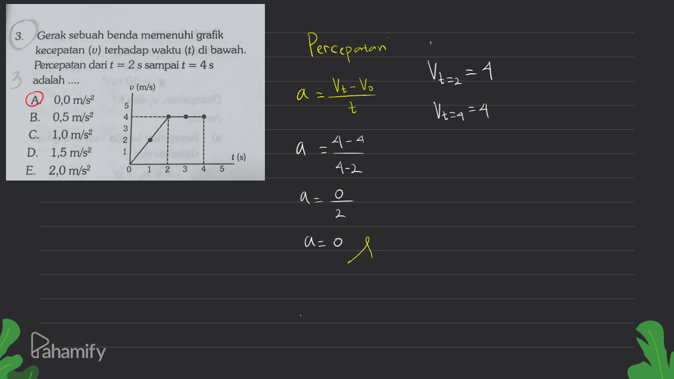 Percepatan V+z2 = 4 a= 3. Gerak sebuah benda memenuhi grafik kecepatan (u) terhadap waktu (t) di bawah. Percepatan dari t = 2 s sampai t = 45 Badalah v (m/s) @ 0,0 m/s2 B. 0,5 m/s2 C. 1,0 m/s2 21 D. 1,5 m/s2 1 t(s) E. 2,0 m/s2 VI-V. t 5 4 3 Vtzq=4 a 4-4 0 1 2 3 4 5 4-2 a=0 2 a=0 l Pahamify 